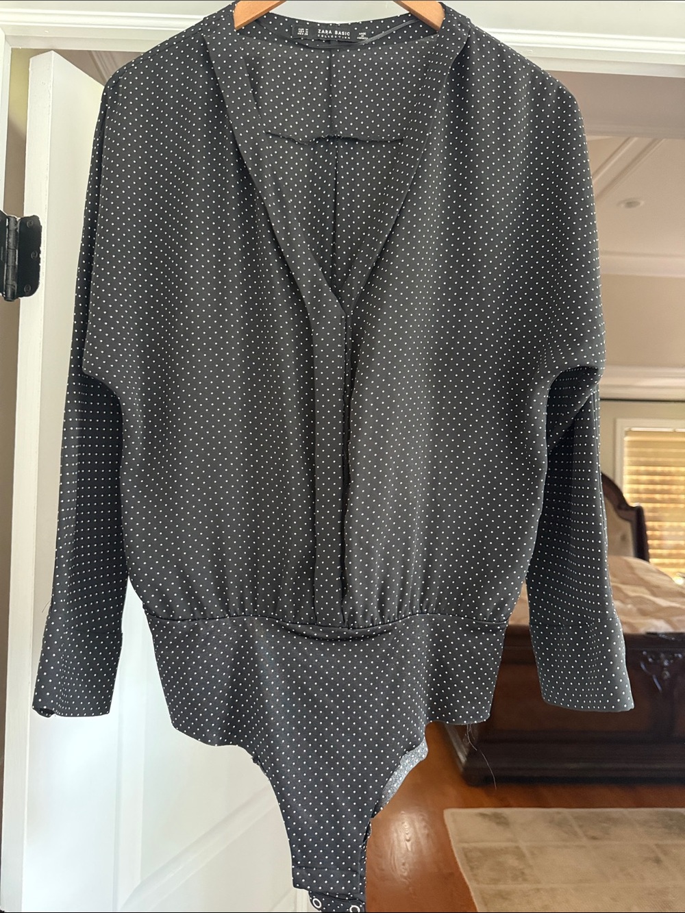 Zara Black with White Polka Dot V-Neck Long-Sleeve Bodysuit